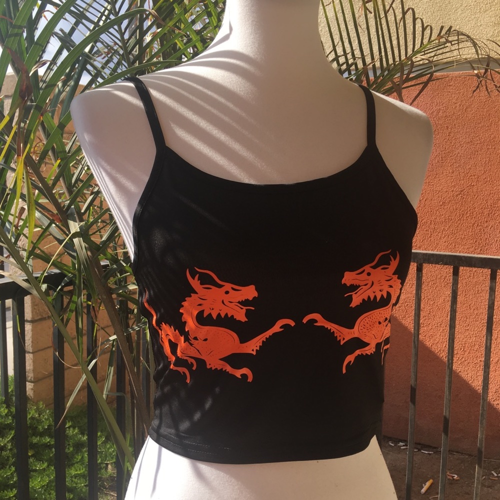 Black Cami Crop Top W/ A Red Chinese Dragon Print